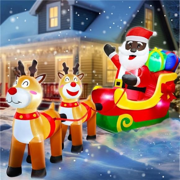 8 Ft Christmas Inflatables Black Santa Claus On Sleigh with Reindeer & Gift Box
